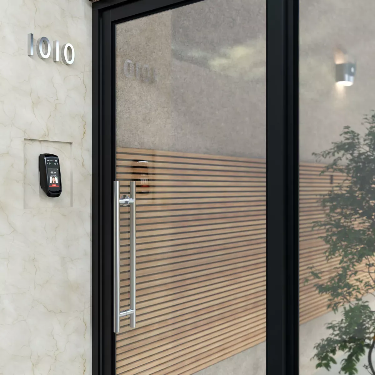 iDFace reader mounted beside a building entrance