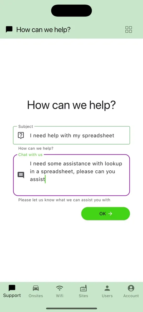 Baseline Interact: How can we help? screen for logging a new support ticket