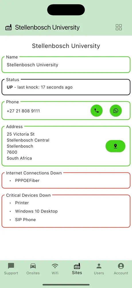 Baseline Interact: live site status showing internet connections and critical devices that are down