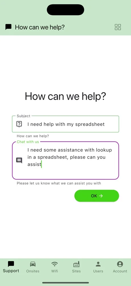 Baseline Interact: How can we help? screen for logging a new support ticket